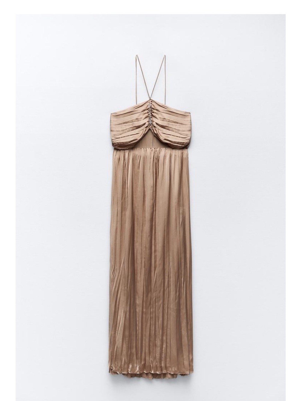 Zara Satin Ruched Spaghetti-Strap Maxi Dress in Beige
